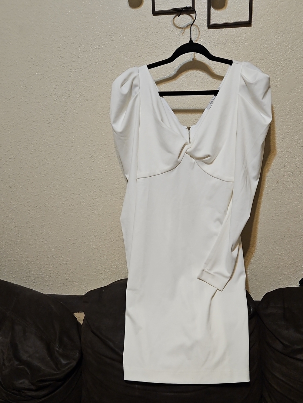 Elegant White Long-Sleeve Twist Front Dress with Puff Shoulders